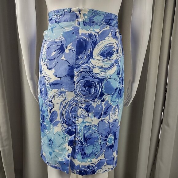 Van Heusen Women's 100% Cotton Blue, White Floral Back Zip, Pencil Skirt Size 8 - Picture 4 of 10